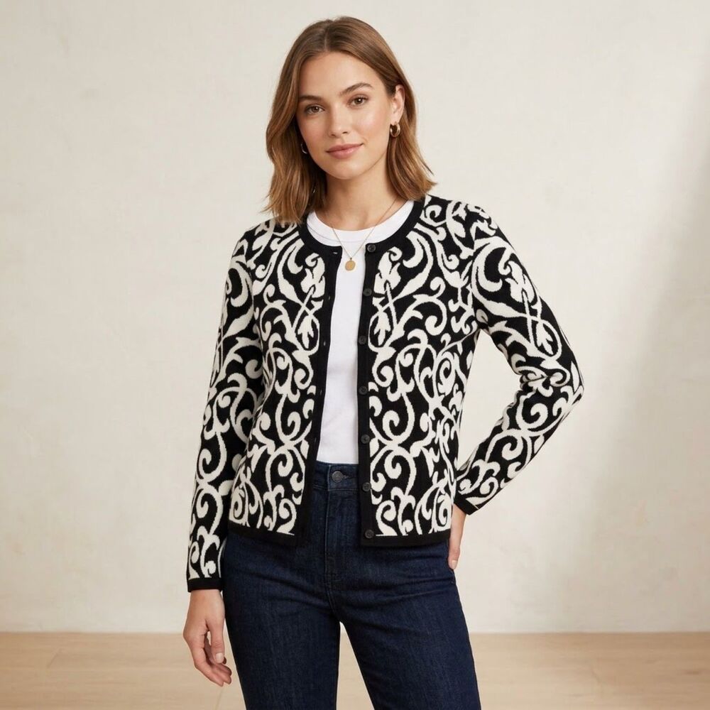 Appleseeds Vintage Scroll Damask Jacquard Knit Button-Front Cardigan Quality Kni